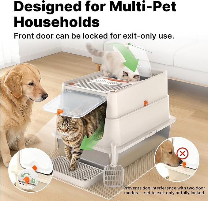 Stainless Steel Litter Box with Flip Lid, XL Extra Large Cat Litter Box with High Sided Top Entry Design, Anti-Leakage Enclosed Metal Litterbox for Big Cats, with Handle, Mat, Pedal & Scoop, Beige