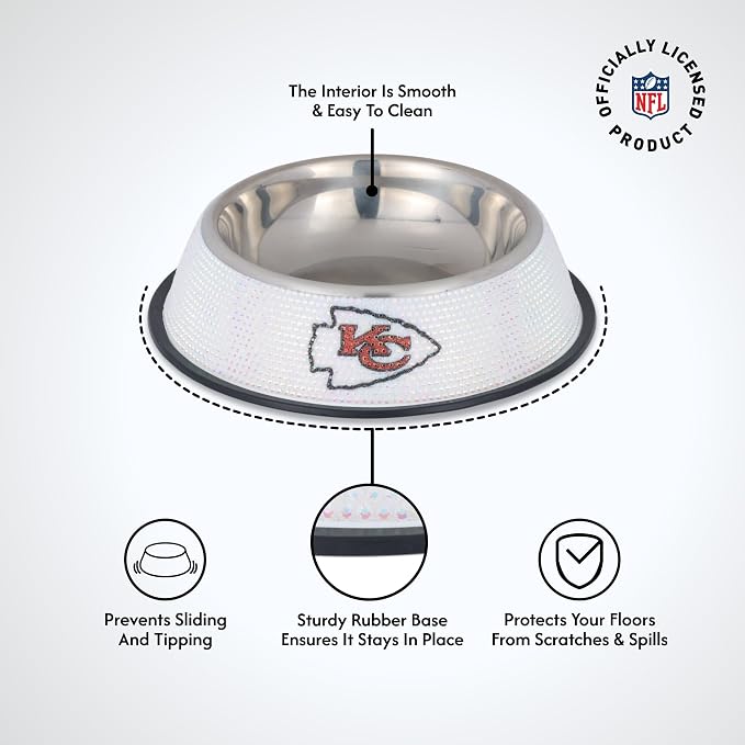 The Memory Company Officially Licensed Stainless Steel Pet Bowl, Premium Bling Team Logo Dog & Cat Food & Water Dish, Non-Slip Rubber Base, for Large/Small Breeds