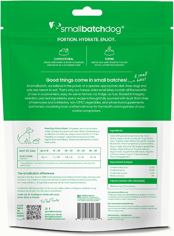 smallbatch Pets Freeze-Dried Raw Dog Food – Duck Recipe – 7oz Small Bites – Grain Free, High Protein, Complete Meal or Topper – Made in USA with Organic Produce & Humanely Raised Duck