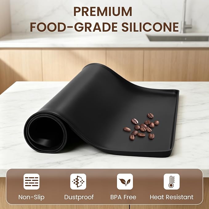 Silicone Coffee Mat Set, 24” x 16” Coffee Bar Mat for Countertop with Detachable Dish Drying Mat, Anti-Slip Countertop Protector for Espresso Machine, Heat Resistant, Rolled Ship, Black