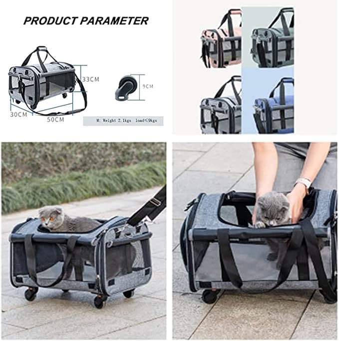 OLOTU Pet Backpack Pet Trolley Case on Wheels, Soft Side Pet Carrier with Breathable Mesh, Lightweight Portable Cat Carrier Spacious