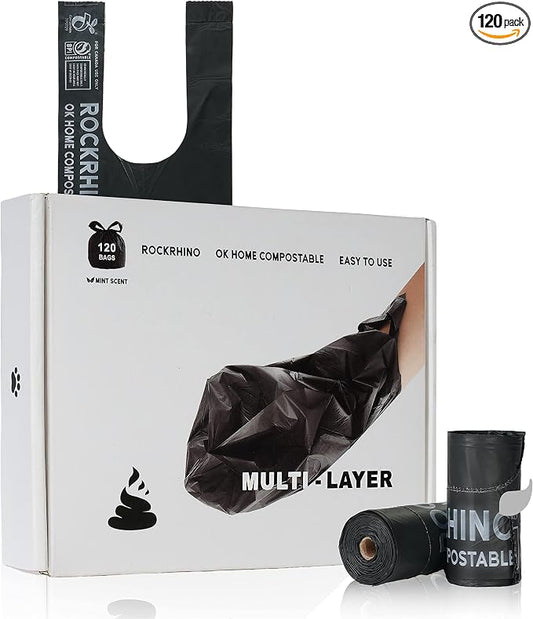 Ultra Thick RockRhino Dog Poop Bags - Claw Machine Style Pickup with Multi-Layer Bottom, ECO Heavy Duty, 0% Plastic, 100% Home Compostable, Mint-Scented, Easy Open Tie Handles, Glove Fit - 120 Bags