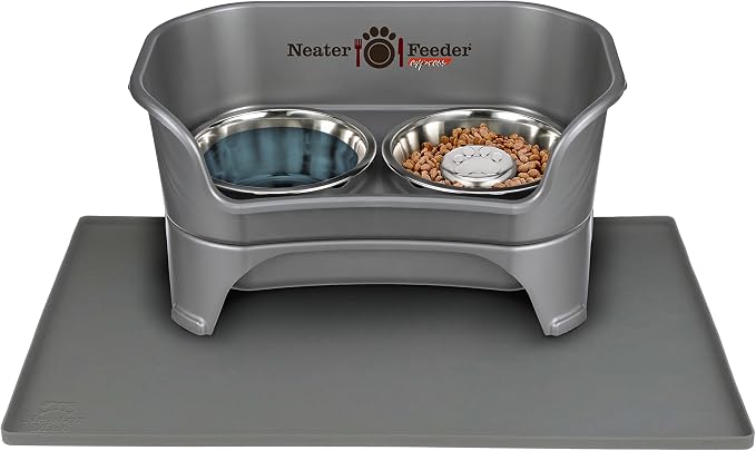 Neater Pets Neater Feeder Express Mess-Proof Slow Feed Bowl & Water Bowl with Neater Mat Waterproof Silicone Mat - Protect Floors from Food & Water, Gunmetal