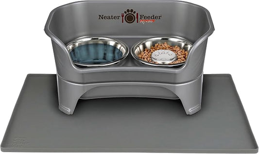 Neater Pets Neater Feeder Express Mess-Proof Slow Feed Bowl & Water Bowl with Neater Mat Waterproof Silicone Mat - Protect Floors from Food & Water, Gunmetal