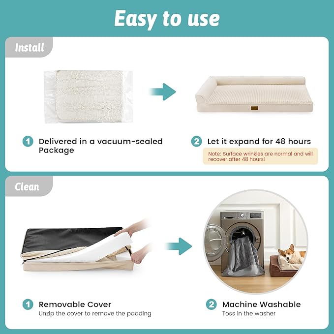 COZY KISS Orthopedic Dog Bed for Extra Large, XXL Dogs Bed, L Shaped Foam Anti-Slip Bottom Giant Pet Cat Sofa with Washable Cover, Suitable for Pet Up to 150 lbs, 48x35x8 inch, Beige ﻿
