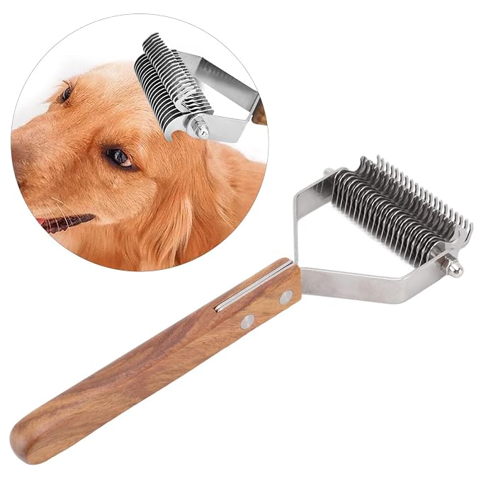 Premium Pet Undercoat Rake, Double Row Wood Handle Dog Hair Shedding Brush for Grooming Cats and Dogs, Removes Knots and Loose Fur, Promotes Skin and Shiny Coat