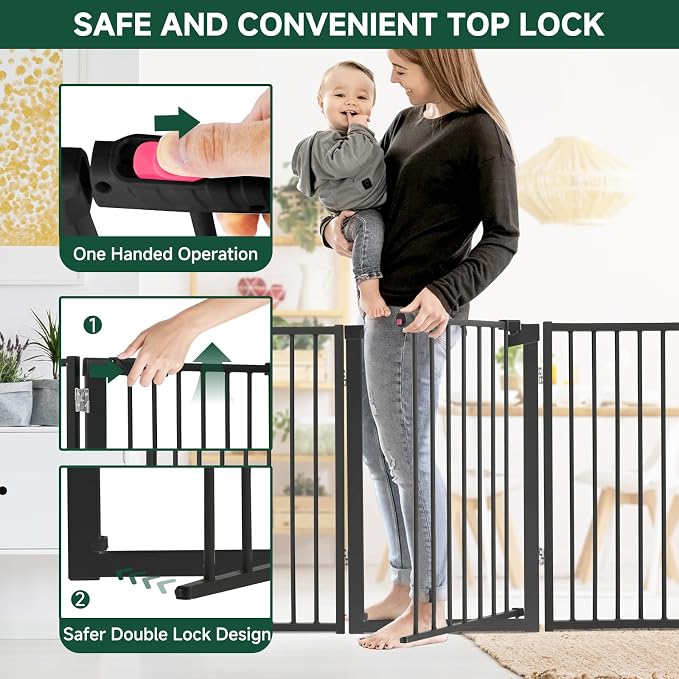 Snagle Paw Metal Freestanding Dog Gate with Door, 80” W x 32” H Dog Fence with Support Feet for Doorways, Stairs and Hallways, Portable Pet Gate for Indoor Use (4 Panel, Black)
