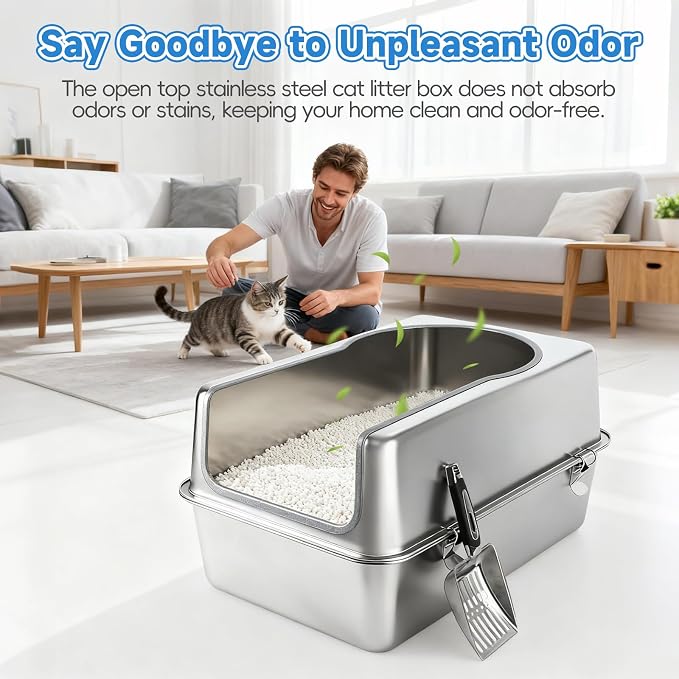 Stainless Steel Cat Litter Box XXL, 23.6" L x 15.7" W x 11.8" H Extra Large Semi Enclosed Removable Metal Litter Tray with High Sided Enclosure, Scoop, Anti-Leakage, Non-Sticky, Easy Cleaning