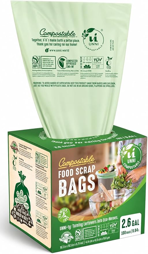 UNNI Compostable Trash Bags, 2.6 Gallon / 9.84 Liter, 600 Count Value Pack, Extra Thick 0.71 Mil Compost Bin Liners for Kitchen Food Scrap, Certified by BPI, CMA & OK compost HOME, Meets ASTM D6400