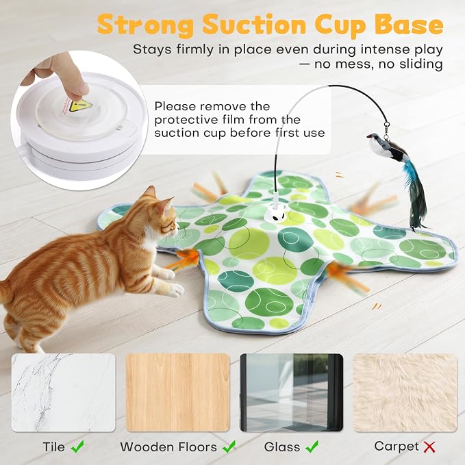 Interactive Cat Toys with Bird, Hide and Seek Cat Toy, 2 in 1 Automatic Moving Concealed Feathers for Indoor Cats, Non-Slip Suction, Touch Activated, USB Rechargeable, Green