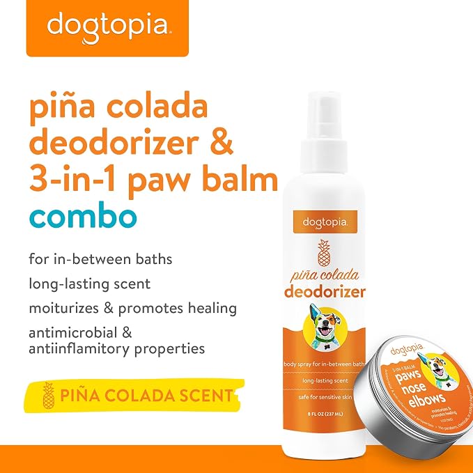 Dogtopia 3-in-1 Paw Balm & Deodorizer Spray - Between Baths Bundle for Pets | Moisturizing Balm for Cracked Skin (2oz) & Long-Lasting Piña Colada Odor Eliminator (8oz) for Dogs & Cats