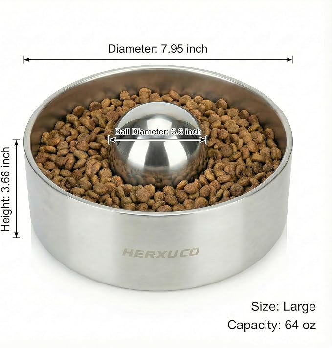 Stainless Steel Dog Slow Feeder Set – 2-in-1 Pet Bowl 64oz & Slow Feeder Ball 3.6in – Spherical Design Slows Eating & Use Separately or Together (Large)