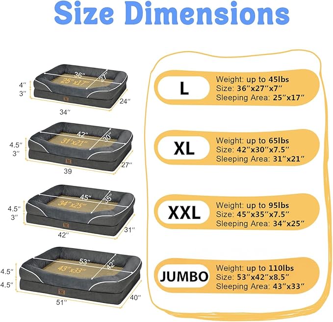 Chez Paw Jumbo Waterproof Dog Bed for Giant Dogs, Extra Thick Egg-Crate Foam Orthopedic Dog Sofa with Sides & Removable Washable Cover, Non-Slip Bottom,Grey 53"x42"x8.5"