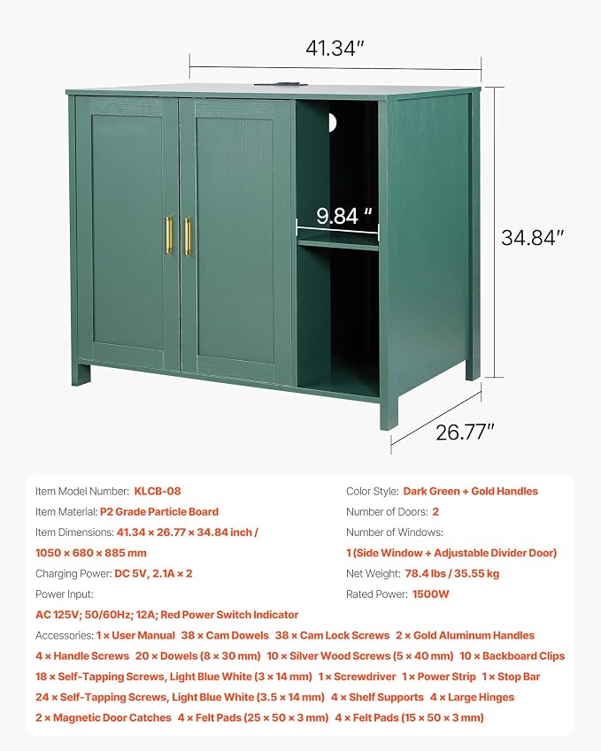VEVOR Cat Enclosure, 41.3 in Self Cleaning Litter Box Cabinet, with Drawer & Detachable Divider, Automatic Litterbox Enclosure with Built-in Power Outlet, Fits Most Smart Litterboxes