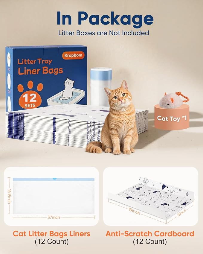 12 Pack Litter Box Liners Compatible with Safe Pets Scoopfree Cat Litter Box Tray Refill, Large Cat Waste Poop Bags with Tear-resistant Cardboard and Drawstring -37" x 16"(Cardboard Included)