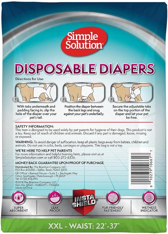 Simple Solution Disposable Female Dog Diapers, Absorbent Leak Proof Protection for Incontinence, Puppy Training, Heat Cycle, Travel, and Housebreaking, XXL Dogs, 22–37 Inch Waist, 12 Count