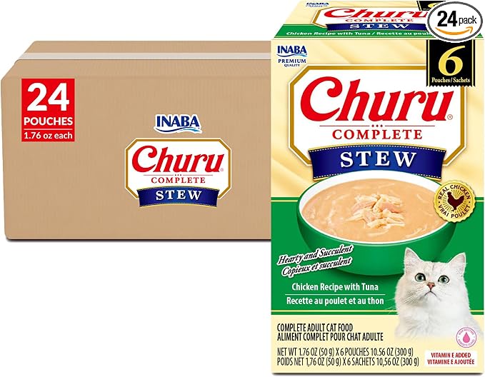 INABA Churu Complete Stew for Cats, Grain-Free, High Protein & Moisture, Wet Cat Food with Fish Oil, 1.76oz. Pouch, 24 Pouches, Chicken with Tuna Recipe