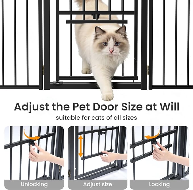 Metal Freestanding Dog Gate with Cat Door for Outdoor & Indoor,160" Extra Wide Foldable Pet Fence,30" Tall Dog Gate for RV Camping,Stairs,Hallways,Doorways,Deck,Yard,with 7PCS Support(8 Panels,Black)
