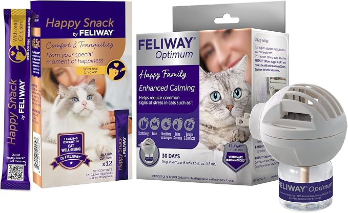 FELIWAY Optimum 30 Day Cat Calming Pheromone Diffuser Kit & Happy Snack by FELIWAY, a Delicious lickable Purée (12-ct Chicken Flavor)
