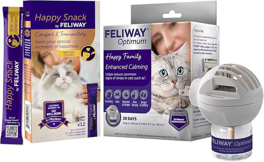 FELIWAY Optimum 30 Day Cat Calming Pheromone Diffuser Kit & Happy Snack by FELIWAY, a Delicious lickable Purée (12-ct Chicken Flavor)