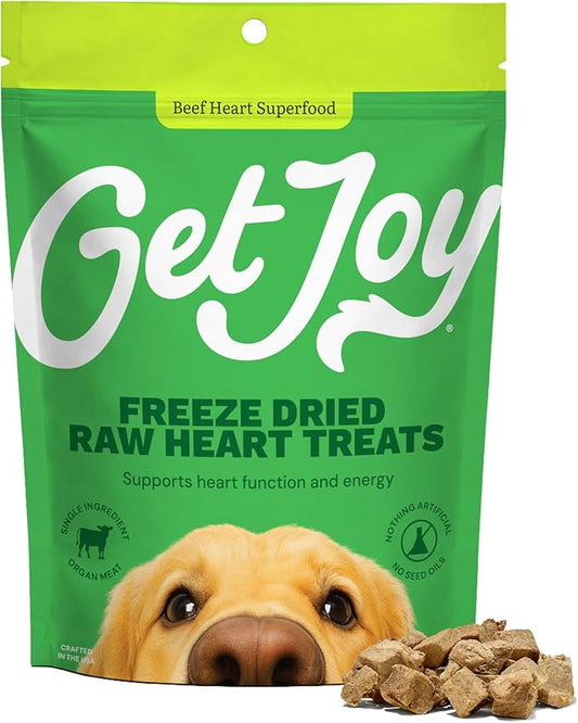 Get Joy Freeze Dried 100% Beef Heart Dog Treats, 2oz | Single Ingredient Organ Meat, High Protein Raw Dog Food Topper, Snack & Training Rewards | Grain Free, Gluten Free, Filler Free