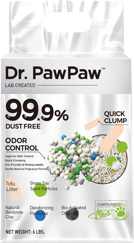 Tofu Cat Litter, Dr. PawPaw Clumping Cat Litter, Green Tea Scent 6 lb, Dust-Free Keep Kitty Tidy, Superior Odor Control Keep Step Fresh