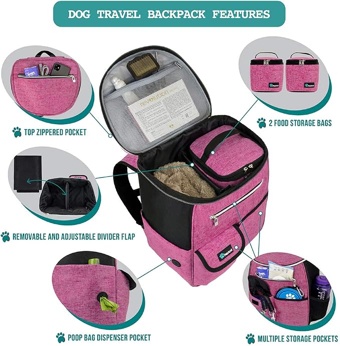 PetAmi Dog Travel Bag Backpack, 27L Airline Approved Pet Supplies Organizer with 2 Food Containers, 2 Collapsible Bowls & Poop Bag Dispenser, Weekend Road Trip Camping Dog Mom Gift, Pink