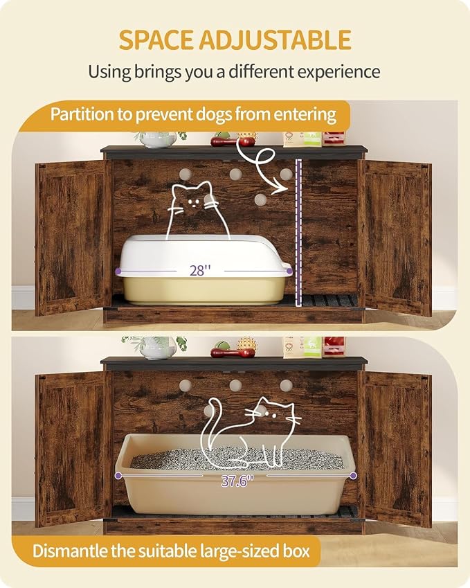 Hzuaneri Cat Litter Box Enclosure with Cushion, Hidden Litter Box Furniture with Removable Dividers, Reversible Entrance Left or Right Side, Cat House, Rustic Brown and Black CB84701X