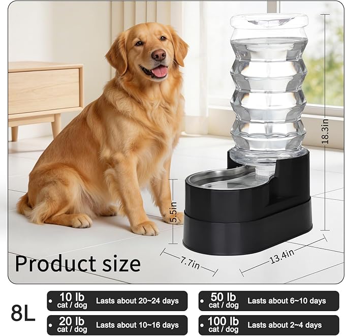 RIZZARI Stainless Steel Water Feeder: 8L Black Large Capacity & Automatic Gravity Dispenser - Elevated Anti-Spill Design for Senior Dogs with Spinal Issues - Living Room Garden Use