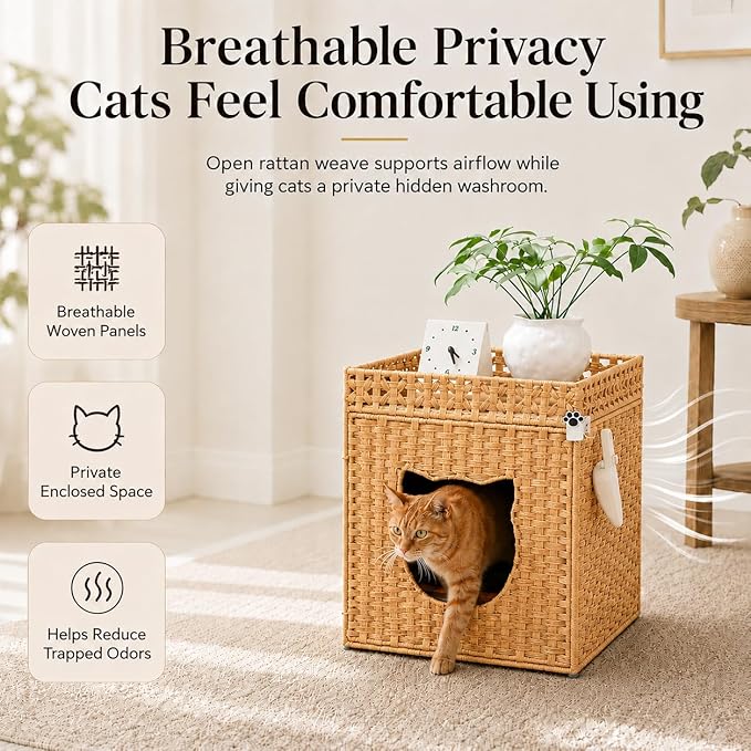 Handwoven Rattan Cat Litter Box Enclosure for Large Litter Box, Includes 1 Litter Mat & 2 S-Hook Attachments, Furniture-Grade Hidden House for Living Room, Bedroom, 24.6"x24"x19.88", Natural