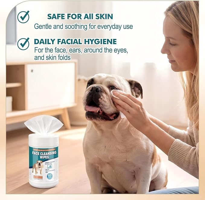 Dog Face Wipes 120 Count Dog Grooming Wipes for Wrinkly Breeds, Gentle Facial & Paw Cleaning, Deodorizing for French Bulldog, English Bulldog, Pugs & More