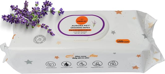 Aurora Pet Wipes – 100% Natural, Plant-Based Hypoallergenic Grooming Wipes for Dogs & Cats – Extra-Durable, Large & Thick for Effortless Cleaning (Lavender, 100 Count)