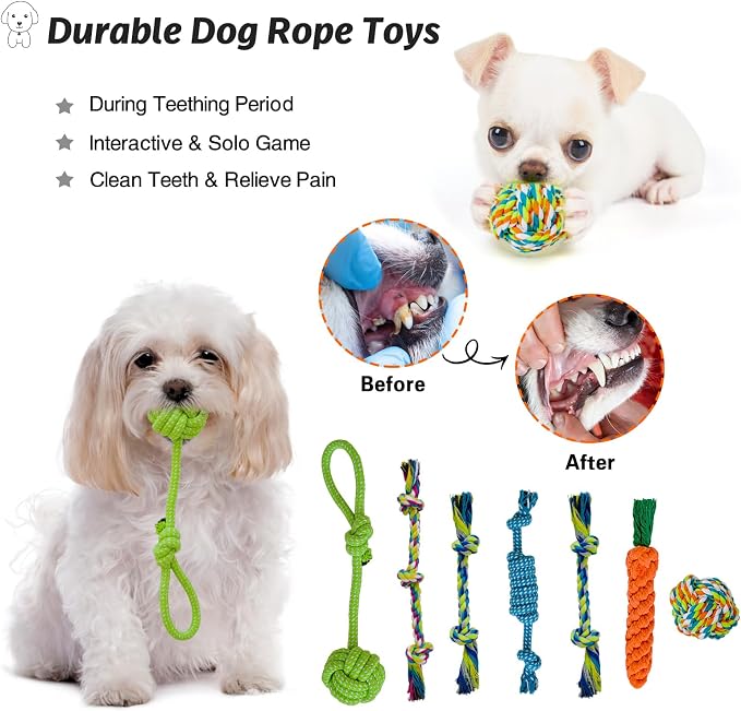 MRSOHRET 20Pcs Puppy Chew Toys for Teething, Dog Chew Rope Toys, Pet Dog Toothbrush, Treat Balls, Plush Squeaky Toy for Small Medium Dogs with Basket