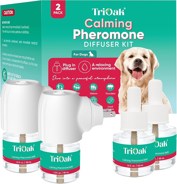 Calming Diffuser for Dog: Appeasing Dog Pheromones Calming Diffuser Plug in Kit for Separation Anxiety, Stress Chewing, Peeing Accidents, 2 Diffusers + 2 Refills