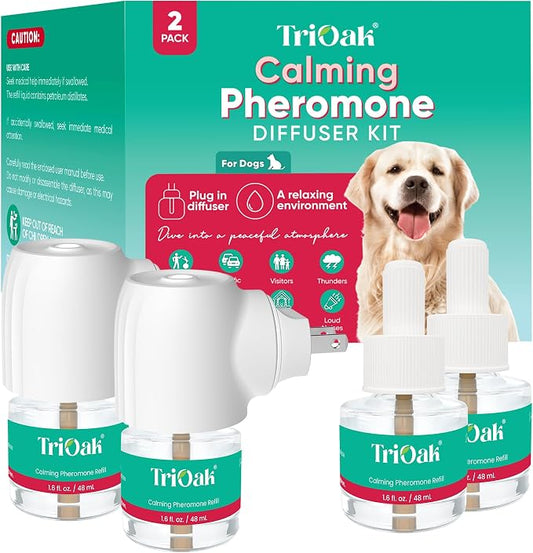 Calming Diffuser for Dog: Appeasing Dog Pheromones Calming Diffuser Plug in Kit for Separation Anxiety, Stress Chewing, Peeing Accidents, 2 Diffusers + 2 Refills