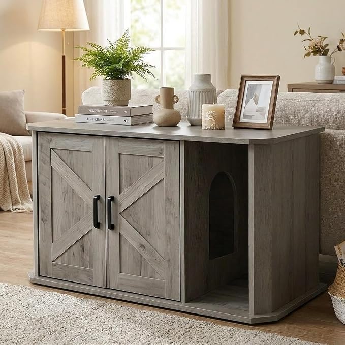 Modern Wooden Cat Litter Box Enclosure, Hidden Washroom Cabinet with Double Doors and Side Entry, Large Cat House End Table, Easy-Clean Sturdy Furniture