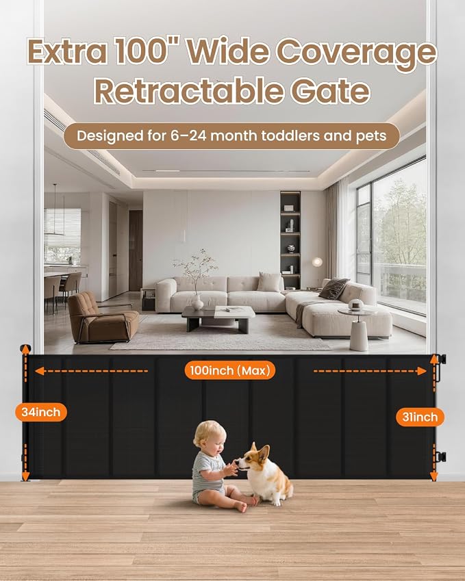 Retractable Baby Gate Extra Wide, 100" Wide Reinforced Mesh Pet Gate with 8 Support Rods, 34" Tall Extra Long Dog Gate for Family Rooms, Open Living Areas and Play Areas, Black