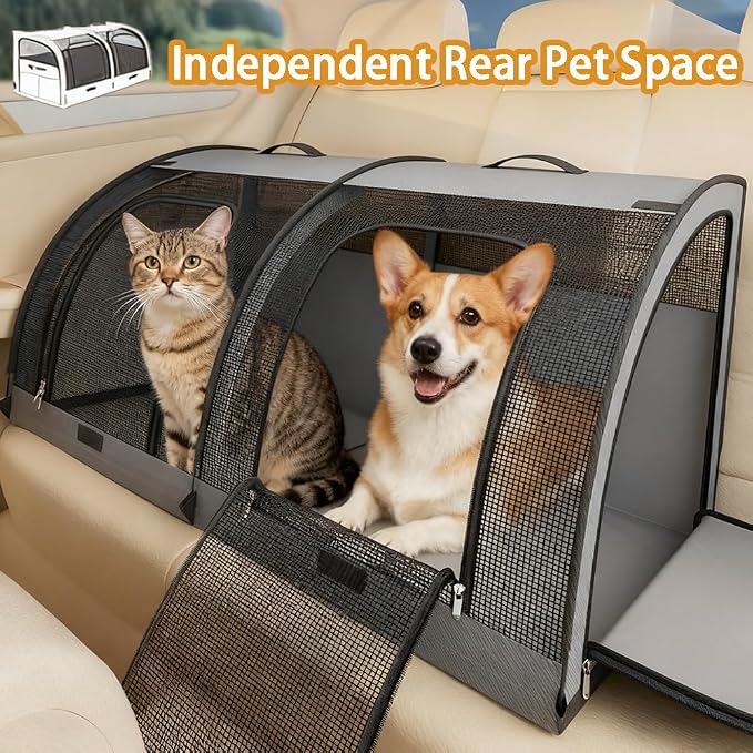 Double Cat Car Travel Carrier, 600D Oxford Foldable Portable Car Seat Kennel, Portable Pet Crate for 2 Cats and 2 Dog, Prevents Hair from Flying Around for Outdoor Camping (Blue, 39.4*19.7*19.7in)