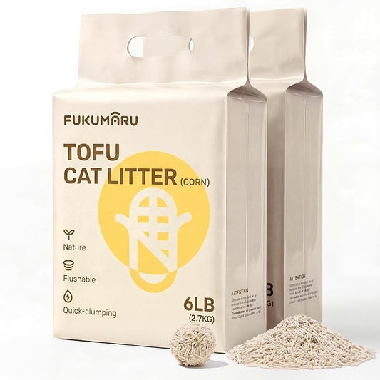 FUKUMARU Tofu Cat Litter - Natural Lightweight Mixed Corn Cat Litter Pellets, Dust Free Quick Clumping, Effective Odor Control, Flushable, Low Tracking, 12lb (2 Packs)