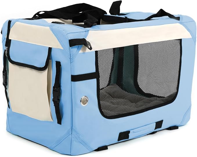 Collapsible Travel Dog Crate Portable Soft-Sided Pet Kennel Extra Large Cat Carrier with Soft Plush Fur Mat for Indoor and Outdoor,28x20x20in Sky Blue
