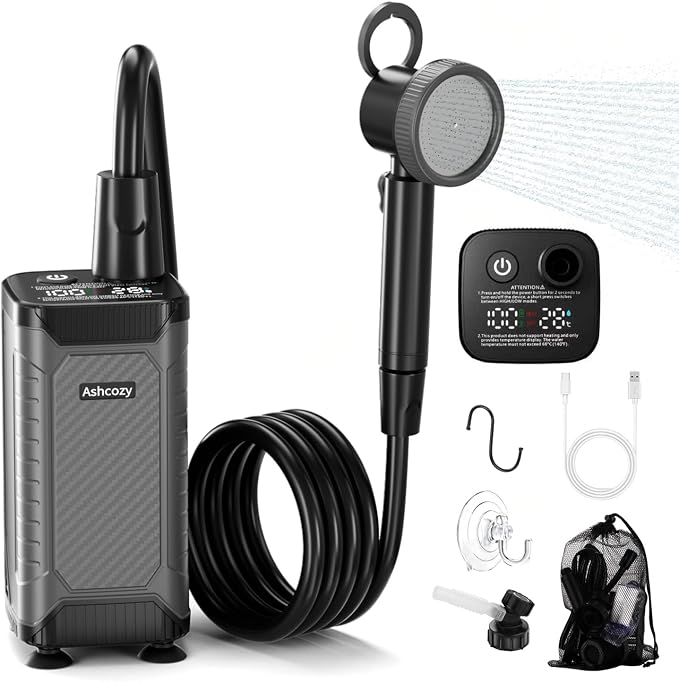 Portable Shower for Camping, 8000mAh Rechargeable Camping Shower Pump with Filtered Showerhead, LED Display, IPX8 Waterproof Outdoor Camp Shower for Hiking, Travel, Car, Pet Bath