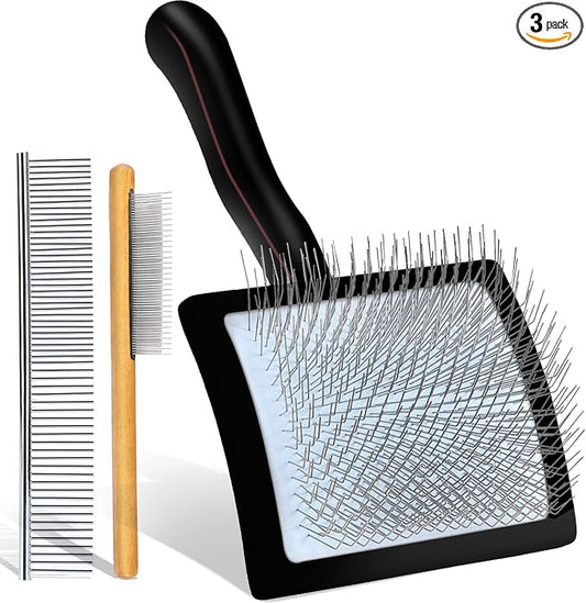 Large Slicker Brush for Dogs - 3-Piece Solid Wood Dog Grooming Kit for Doodles and Poodles - for Wavy, Curly & Matted Hair, Black