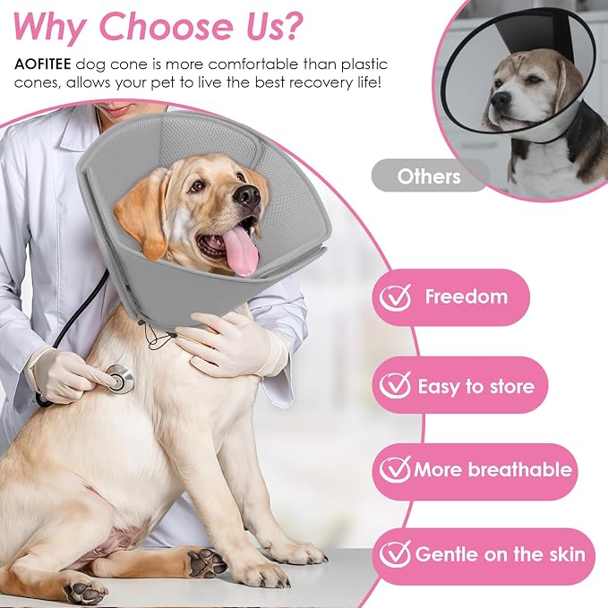 AOFITEE Dog Cones for Medium Dogs, Soft Dog Cone Collar After Surgery, Adjustable Cone for Dogs to Stop Licking, Breathable Pet E-Collar Alternative for Wound Healing(Grey,Medium)