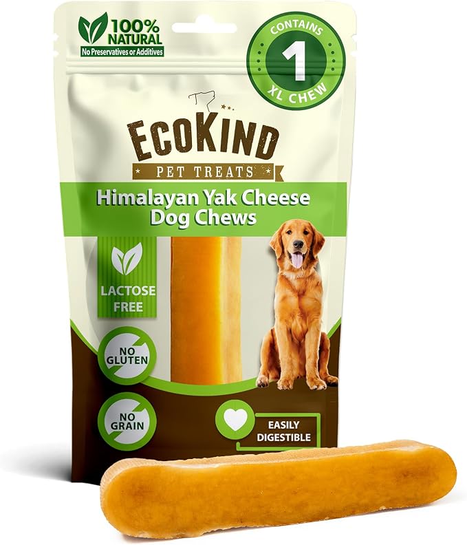 EcoKind Yak Cheese Himalayan Dog Chews, Yak Chews for Large Dogs, Long Lasting Bone for Aggressive Chewers, Only 3 Ingredients, Natural High Protein Dog Treats, No Additives, Lactose Free, XL - 1 Chew