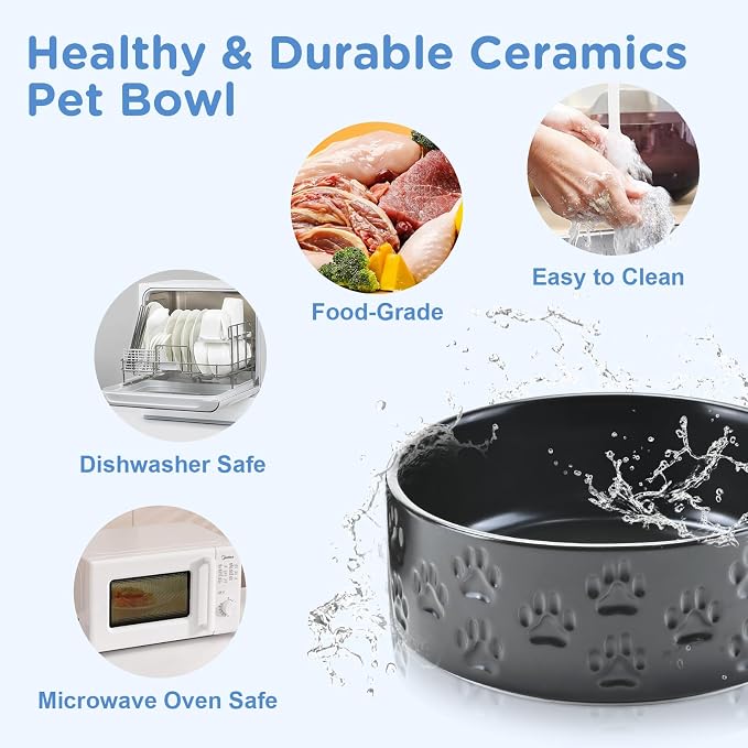 SPUNKYJUNKY Ceramic Dog and Cat Bowls 2 Pack, 5.1'' Dog and Cat Food Water Double Feeding Bowls Non-Slip for Cats and Puppy Small Sized Breed Dogs Microwave Dishwasher Safe - 13.5 OZ, 2pcs, Paw Black