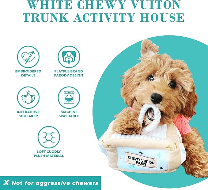 Haute Diggity Dog Chewy Vuiton Trunk Puzzle with 3 Plush Squeaky Dog Toys, Soft Durable Designer-Inspired Stuffed Puppy Chew Toys for Small & Medium Dogs, Machine-Washable (White) One Size