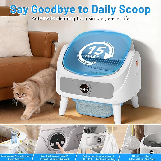 SUW Self Cleaning Cat Litter Box, Open-Top Automatic Litter Box for Multiple Cats, Large Capacity Robot, APP Control, Safety Protection, 2 Rolls Litter Liners Bag, 1 Odor Eliminator, Cat Gift