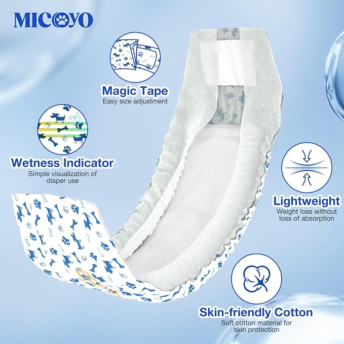 MICOOYO Dog Diapers Male Disposable Super Absorbent Male Dog Wraps Lighter Dogs Diaper Leakproof Puppy Diapers Doggie Diaper with Wetness Indicator (L, 50Counts)
