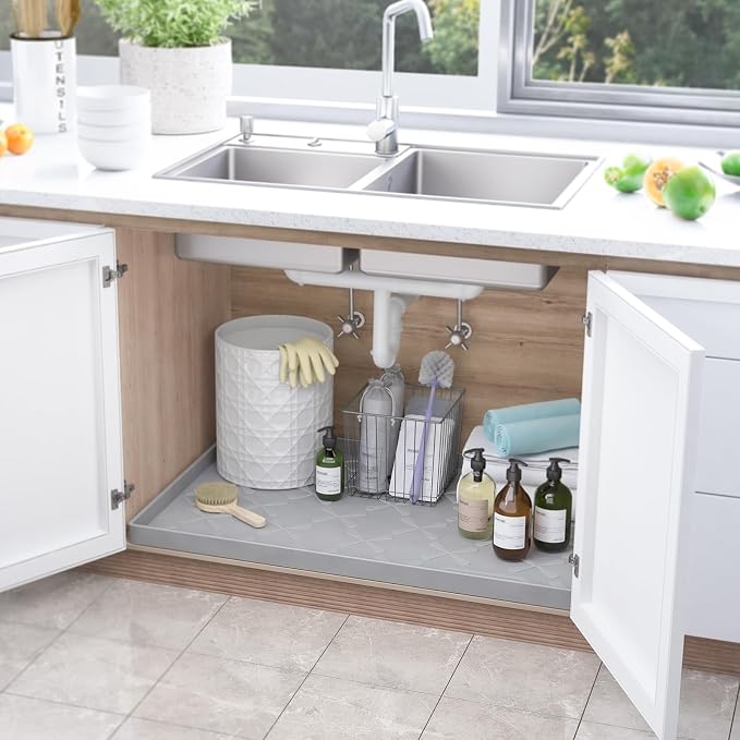 SIKADEER 22" x 22" Under Sink Mat Waterproof, Silicone Mat Kitchen Drawer Shelf and Cabinet Liner, Sink Protector for Kitchen Organizers and Storage, Boot Tray Pet Food Mats