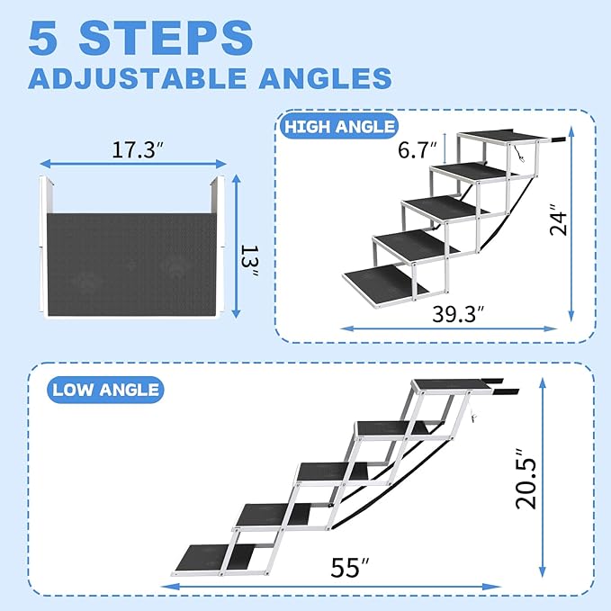 Dog Steps for Car & SUV – 5-Step Foldable Pet Stairs for Large Dogs, Non-Slip Heavy-Duty Plastic Dog Stairs, Lightweight & Portable Vehicle Access, Great Alternative to Dog Ramp for Truck